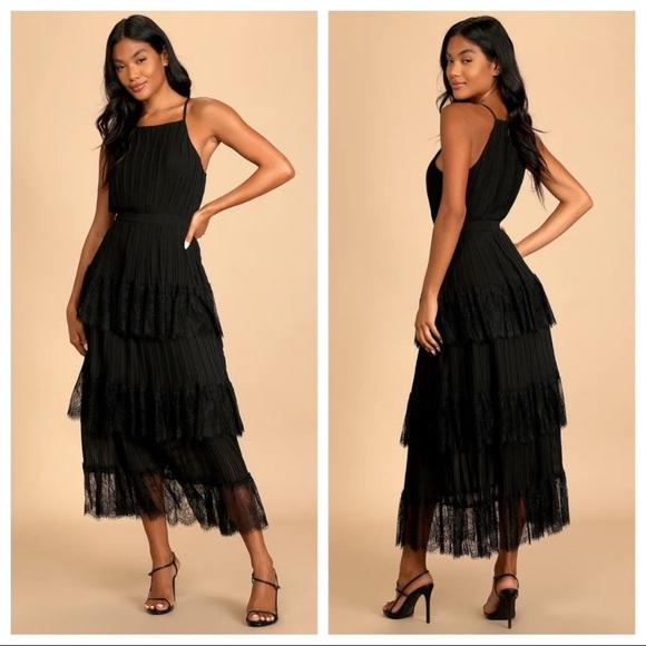 NWOT Lulus Came For Cocktails Black Pleated Tiered Lace Maxi Dress - Picture 3 of 16